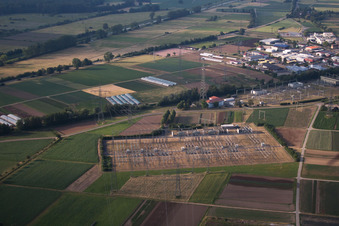 Aerial view of Site of the substation for voltage conversion and electrical power supply of ENBW in Eichstetten am Kaiserstuhl in the state Baden-Wurttemberg