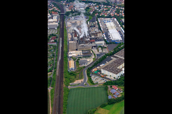 Aerial view of Hermann-Muth-Straße industrial area from the north with ZUFALL logistics group - branch Fulda, Papierfabrik Adolf Jass GmbH & Co KG and tegut... gute Lebensmittel GmbH & Co. KG in Fulda in the state Hesse, Germany