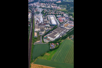 Aerial photograpy of Hermann-Muth-Straße industrial area from the north with ZUFALL logistics group - branch Fulda, Papierfabrik Adolf Jass GmbH & Co KG and tegut... gute Lebensmittel GmbH & Co. KG in Fulda in the state Hesse, Germany