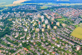 Aerial view of Residential high-rise buildings on Adenauerstraße in the Aschenberg district in Fulda in the state Hesse, Germany