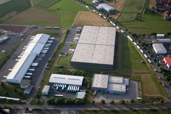Aerial view of Warehouses and forwarding building of VTL Vernetzte-Transport-Logistik GmbH in Fulda in the state Hesse, Germany