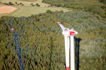 Aerial view of Construction site for wind turbine installation in Freiensteinau in the state Hesse, Germany