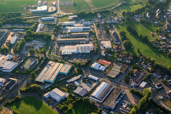 Industrial area Industriestraße with Exide Technologies GmbH and Eichhorn AG Bauzentrum Büdingen in Büdingen in the state Hesse, Germany