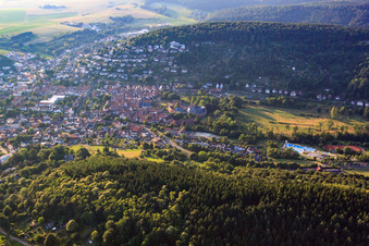 Castle Büdingen and outdoor swimming pool of the city Büdingen in Büdingen in the state Hesse, Germany