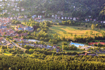 Aerial view of Castle Büdingen and outdoor swimming pool of the city Büdingen in Büdingen in the state Hesse, Germany