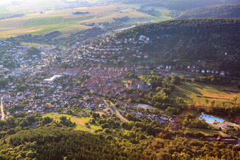 Aerial photograpy of Castle Büdingen and outdoor swimming pool of the city Büdingen in Büdingen in the state Hesse, Germany