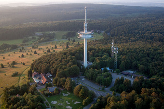 Radio tower and transmitter on the crest of the mountain range Hoherodskopf in Schotten in the state Hesse, Germany