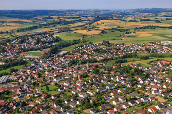 Aerial view of Overview of the town from the south with Saint Barbara in Neuhof in the state Hesse, Germany