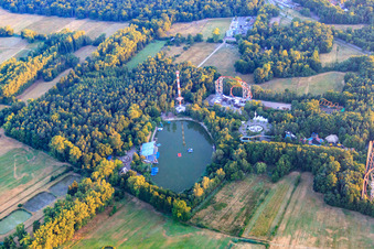 Aerial view of Lighthouse Tower in the holiday park in the early morning in Haßloch in the state Rhineland-Palatinate, Germany