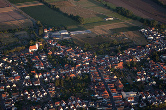 Aerial photograpy of Town View of the streets and houses of the residential areas in Boehl-Iggelheim in the state Rhineland-Palatinate