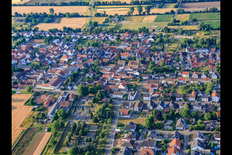 Aerial view of Apostle Church and Evangelical Church Oberlustadt in the district Niederlustadt in Lustadt in the state Rhineland-Palatinate, Germany