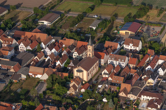 Aerial photograpy of Church building Protestantische Kirche Zeiskam in Zeiskam in the state Rhineland-Palatinate, Germany