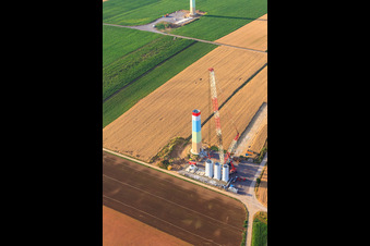 Wind farm construction sites in Offenbach an der Queich in the state Rhineland-Palatinate, Germany seen from a drone