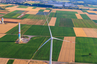 Wind farm construction sites in Offenbach an der Queich in the state Rhineland-Palatinate, Germany from the plane