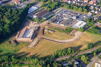 Construction site of the new EDEKA building on Lauterburger Straße in Kandel in the state Rhineland-Palatinate, Germany from the plane