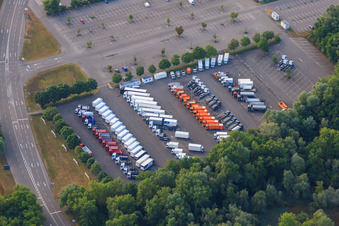 Aerial photograpy of Daimler Truck AG, Mercedes-Benz Wörth Truck Assembly Plant in Wörth am Rhein in the state Rhineland-Palatinate, Germany