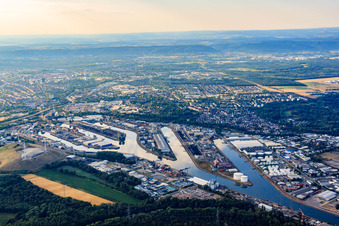 Oblique view of Rhine ports Karlsruhe in the district Mühlburg in Karlsruhe in the state Baden-Wuerttemberg, Germany