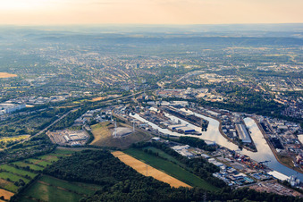 Rhine ports Karlsruhe in the district Mühlburg in Karlsruhe in the state Baden-Wuerttemberg, Germany from above