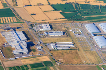 Aerial view of EDEKA Southwest Meat in the district Silberstreifen in Rheinstetten in the state Baden-Wuerttemberg, Germany