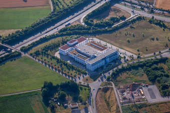 Aerial photograpy of Office building of Physik Instrumente (PI) GmbH & Co. KG at the A8 in the district Palmbach in Karlsruhe in the state Baden-Wurttemberg, Germany
