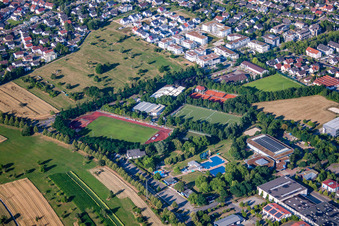 Outdoor pool and TSV from the northeast in the district Busenbach in Waldbronn in the state Baden-Wuerttemberg, Germany