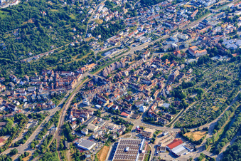 Aerial view of Habermehlstraße and allotment garden of the Association of Garden Friends Brötzingen e. V in the district Brötzingen in Pforzheim in the state Baden-Wuerttemberg, Germany