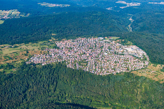 Aerial view of Town View of the streets and houses of the residential areas in the district Buechenbronn in Pforzheim in the state Baden-Wurttemberg