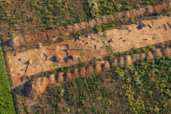 Drone image of Archaeological excavation at the new W II industrial park in Herxheim bei Landau in the state Rhineland-Palatinate, Germany