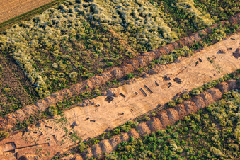 Archaeological excavation at the new W II industrial park in Herxheim bei Landau in the state Rhineland-Palatinate, Germany from the drone perspective