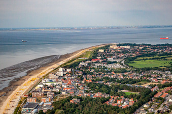 Sandy beach landscape on the North Sea in the district Duhnen in Cuxhaven in the state Lower Saxony, Germany