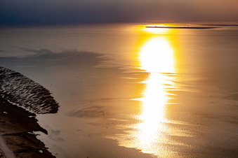 Aerial view of Sunset over the North Sea beach landscape in the district Döse in Cuxhaven in the state Lower Saxony, Germany