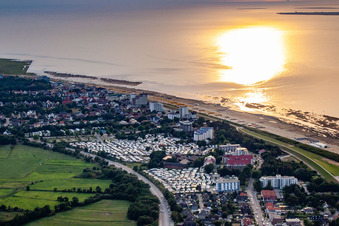 Campsites on the North Sea at sunset in the district Duhnen in Cuxhaven in the state Lower Saxony, Germany