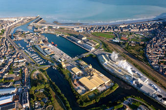 Aerial photograpy of The front port in the district Treport Moderne in Le Tréport in the state Seine-Maritime, France