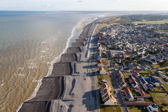 Aerial view of Beach landscape on the English Channel in Cayeux-sur-Mer in Hauts-de-France, France