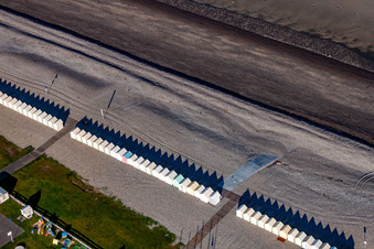 Beach huts of Cayeux in Cayeux-sur-Mer in the state Somme, France seen from above