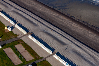 Beach huts of Cayeux in Cayeux-sur-Mer in the state Somme, France from the plane