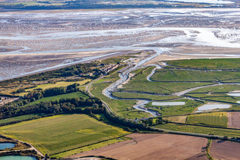 Aerial photograpy of River Delta and estuary of Somme in Saint-Valery-sur-Somme in Picardie, France