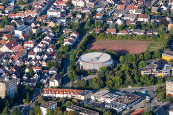 Aerial view of Round sports hall in Mutterstadt in the state Rhineland-Palatinate, Germany