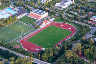 Aerial view of Queichtal Stadium in Offenbach an der Queich in the state Rhineland-Palatinate, Germany