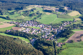 Village - view on the edge of agricultural fields and farmland in Hoppetenzell in the state Baden-Wurttemberg, Germany