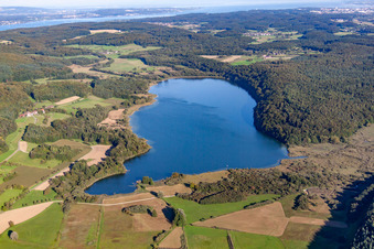 Aerial view of Mindelsee in the district Markelfingen in Radolfzell am Bodensee in the state Baden-Wuerttemberg, Germany