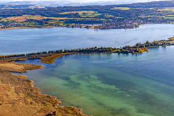 Oblique view of Footbridge to Reichenau - Pirminstr in the district Lindenbühl in Reichenau in the state Baden-Wuerttemberg, Germany