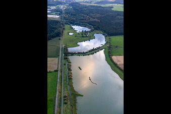 Oblique view of Sauldorf quarry lakes in Sauldorf in the state Baden-Wuerttemberg, Germany