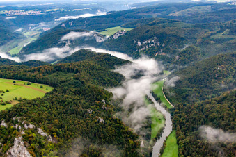 Bird's eye view of Danube Gorge in Fridingen an der Donau in the state Baden-Wuerttemberg, Germany