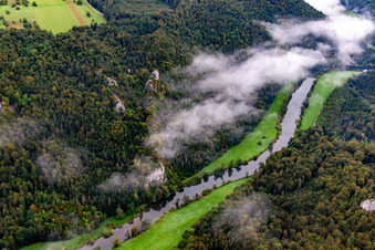 Danube Gorge in Fridingen an der Donau in the state Baden-Wuerttemberg, Germany from a drone