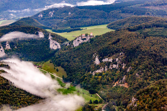 Danube Gorge in Fridingen an der Donau in the state Baden-Wuerttemberg, Germany seen from a drone