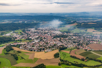 Town View of the streets and houses of the residential areas in morning fog in Stockach in the state Baden-Wurttemberg, Germany