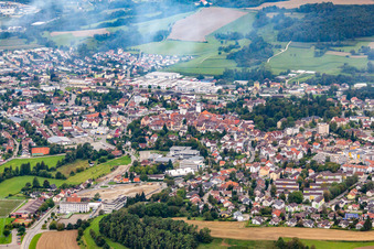 Aerial view of Town View of the streets and houses of the residential areas in morning fog in Stockach in the state Baden-Wurttemberg, Germany