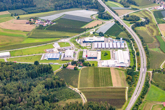 Aerial view of Industrial estate and company settlement with MEGA Stockach Das Fach-Zentrum for the Metzgerei and Gastronomie GmbH in Stockach in the state Baden-Wurttemberg, Germany