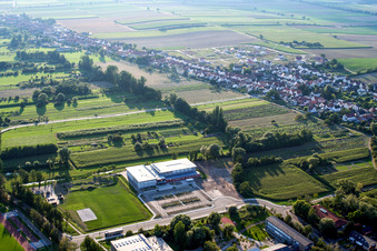 Aerial view of Bienwaldhalle multi-purpose hall in Kandel in the state Rhineland-Palatinate, Germany